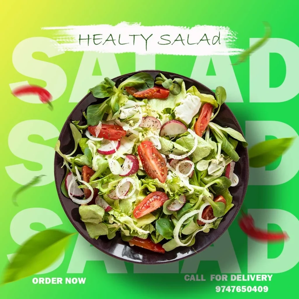Promotional image of a healthy green salad in a bowl with fresh lettuce, tomato slices, radish, and onion, featuring “Healthy Salad” text and an order now message.
