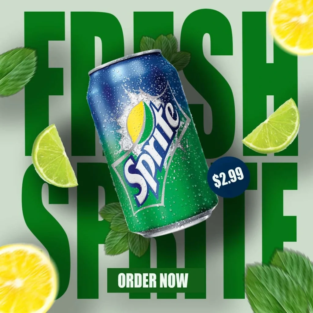 "Fresh Sprite soda for $2.99. Order now for a refreshing lemon-lime flavored drink."