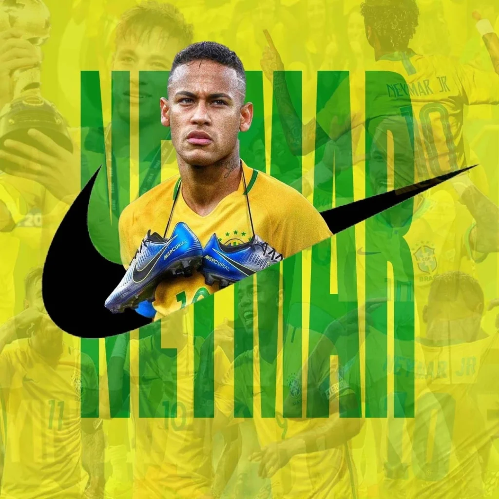 Neymar Jr. endorsement photo promoting Nike Mercurial soccer cleats. Brazil football star wearing the national team kit."