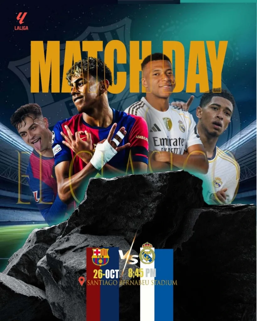 "El Clásico Match Day: FC Barcelona vs Real Madrid, La Liga fixture. October 26, 8:45 PM. Buy tickets for the game at Santiago Bernabéu Stadium."