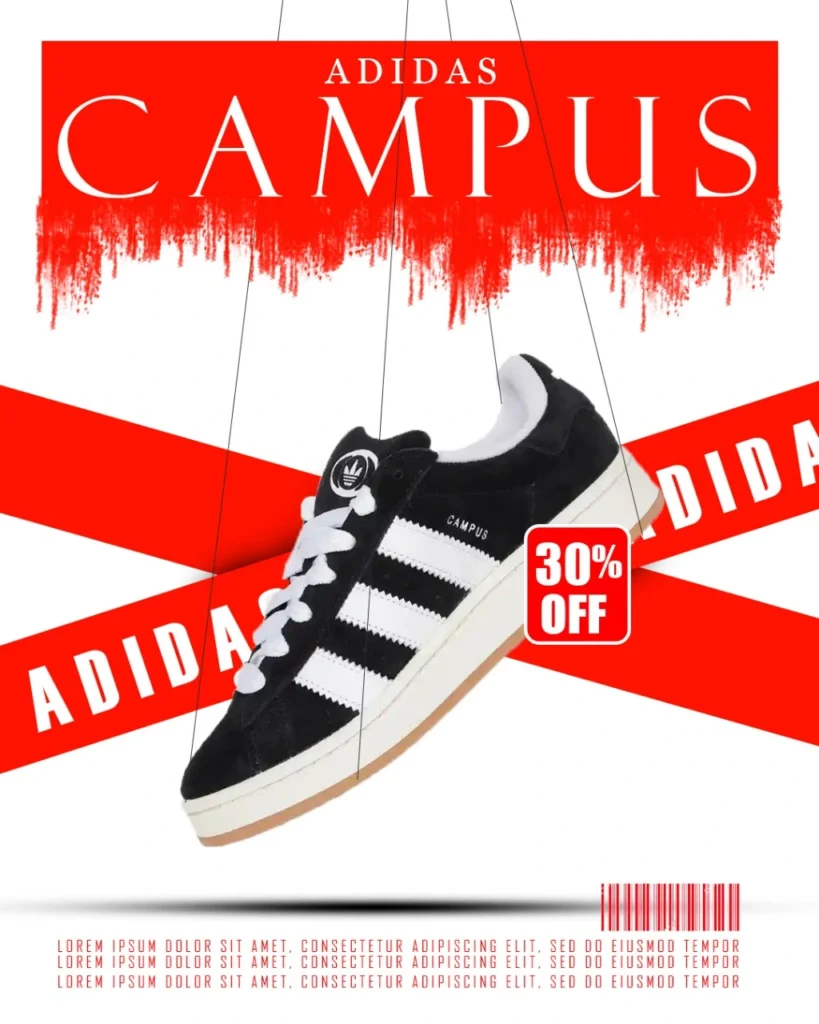 Adidas Campus sneakers 30% off sale. Classic black suede sneaker with white stripes and laces for athletic or casual wear."